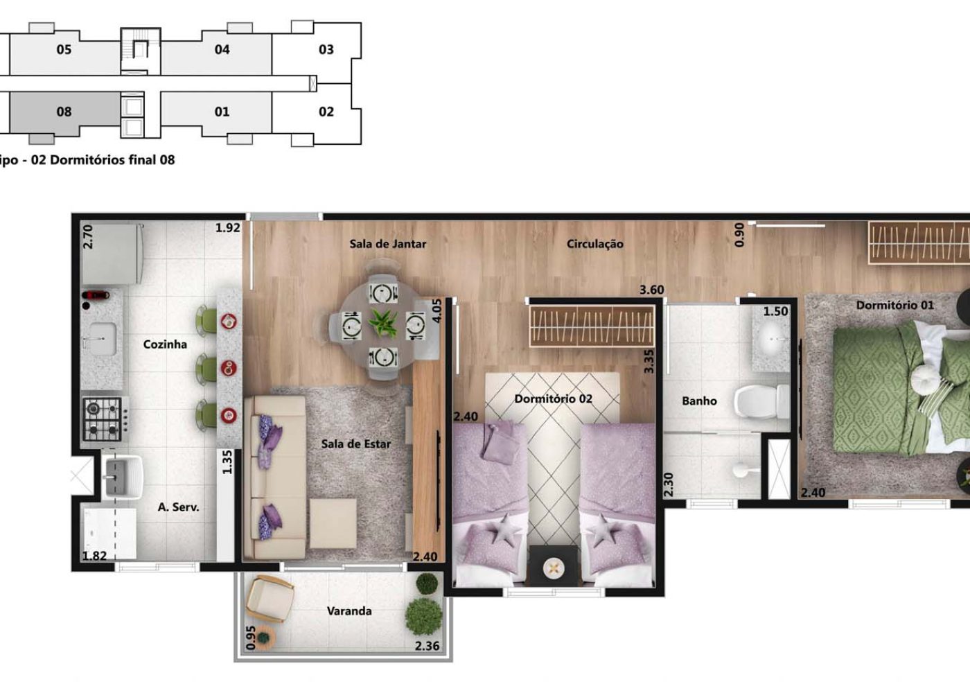 Planta Tipo 2 - 47,56 m² - 2 quartos